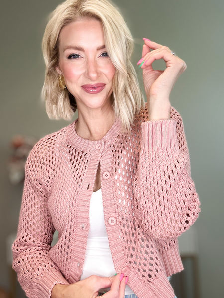 ベリーブレイン　 Crochet cardigan　ボレロ CHLOE CROCHET BUTTON DOWN CARDIGAN - DUSTY ROSE – Feather + Fray