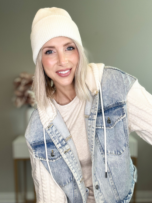 SUTTON KNITTED DENIM HOODIE JACKET - IVORY/DENIM