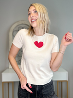 HEART CENTERED SHORT SLEEVE SWEATER - SHELL/RED