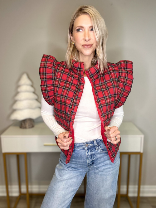 FESTIVE PLAID PUFFER VEST WITH RUFFLES