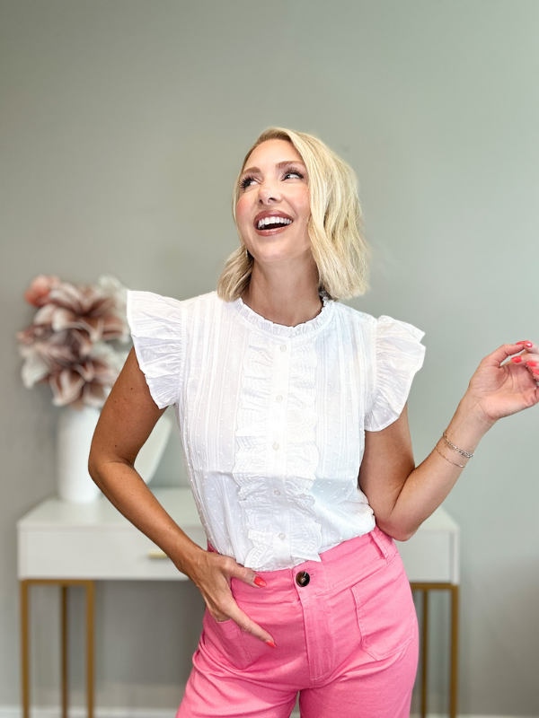 SWEET + CHIC RUFFLE TRIM BUTTON DOWN TOP