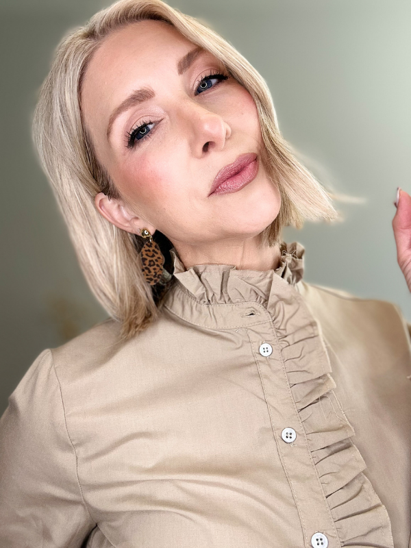 RUFFLED CHARM BUTTON-UP BLOUSE - SAND BEIGE