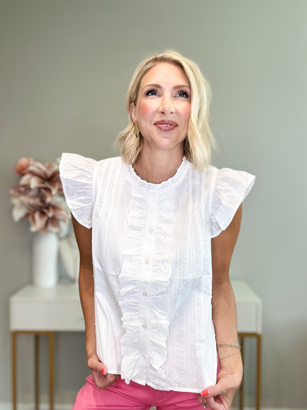 SWEET + CHIC RUFFLE TRIM BUTTON DOWN TOP