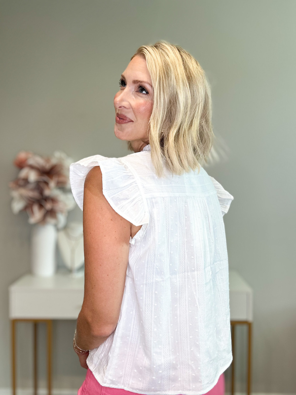 SWEET + CHIC RUFFLE TRIM BUTTON DOWN TOP