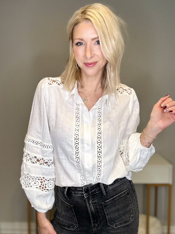 CANDACE CROCHET TRIM BUTTON DOWN SHIRT - OFF WHITE