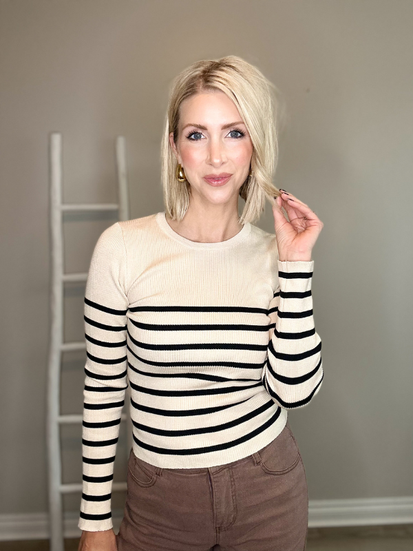LAYERED UP STRIPED KNIT TOP - OATMEAL