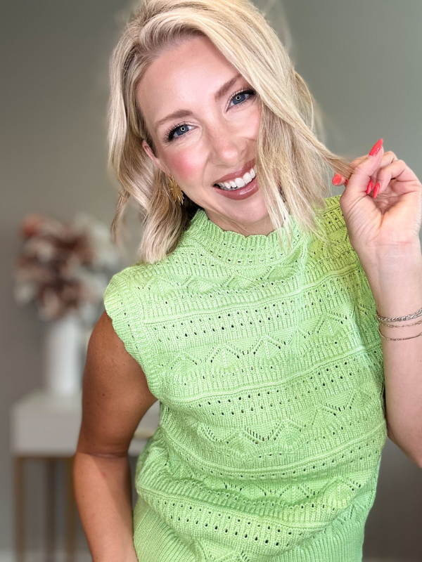 BURST OF SUMMER POINTELLE SWEATER TOP - PASTEL LIME