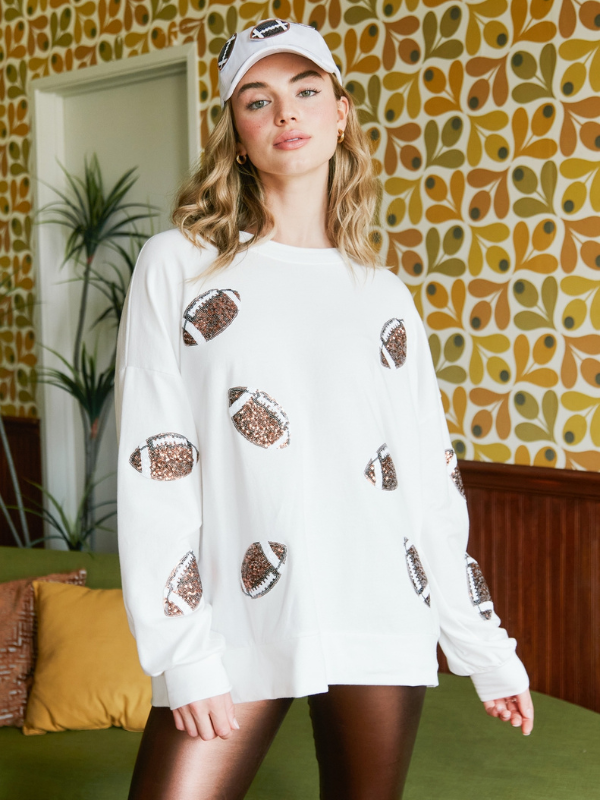 GAME DAY SEQUIN FOOTBALLS PULLOVER - WHITE