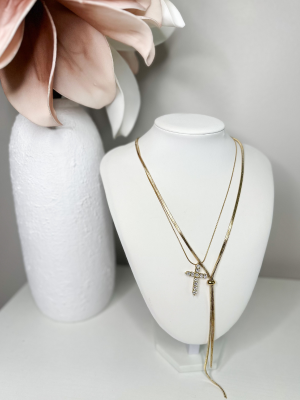 XL CROSS PENDANT NECKLACE - CZ/GOLD