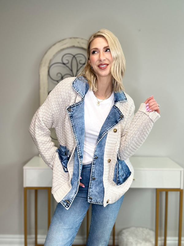 ELODIE MIXED MEDIA JACKET - CREAM/DENIM