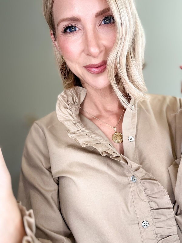 RUFFLED CHARM BUTTON-UP BLOUSE - SAND BEIGE