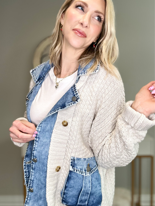 ELODIE MIXED MEDIA JACKET - CREAM/DENIM