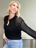 CHLOE CROCHET BUTTON DOWN CARDIGAN  - BLACK