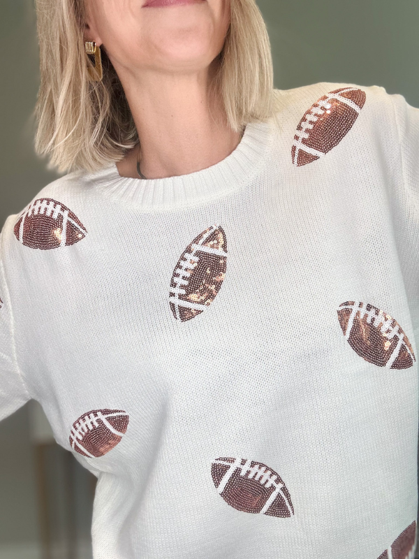SEQUIN TOUCHDOWN KNIT SWEATER - CREAM