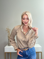 RUFFLED CHARM BUTTON-UP BLOUSE - SAND BEIGE