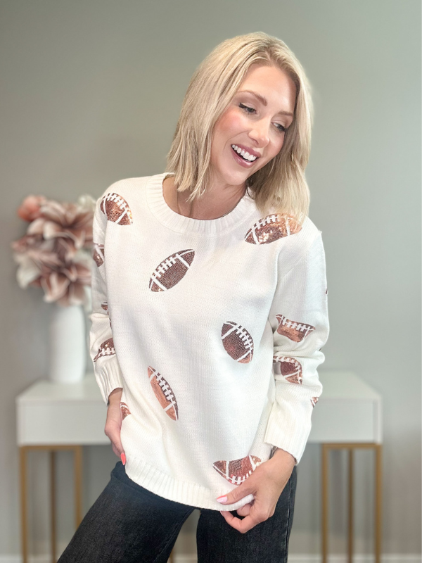 SEQUIN TOUCHDOWN KNIT SWEATER - CREAM