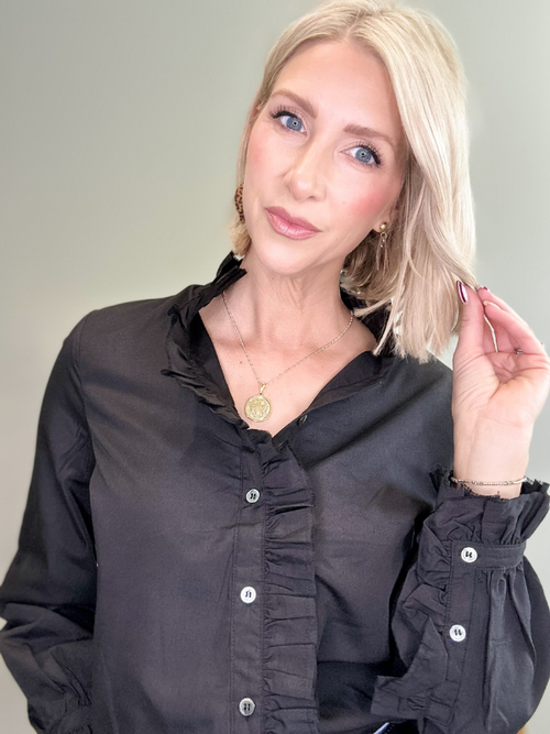 RUFFLED CHARM BUTTON-UP BLOUSE - BLACK