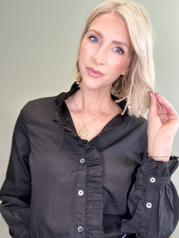 RUFFLED CHARM BUTTON-UP BLOUSE - BLACK