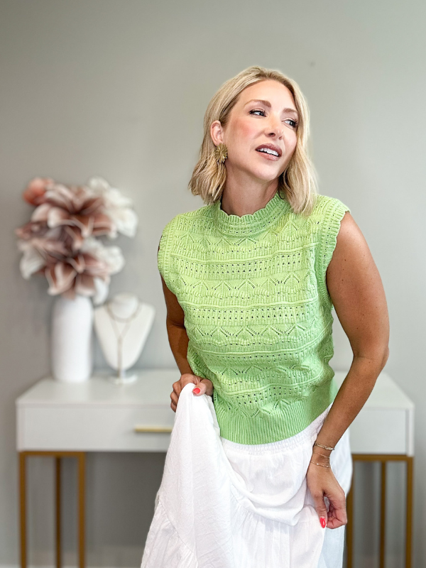 BURST OF SUMMER POINTELLE SWEATER TOP - PASTEL LIME