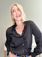RUFFLED CHARM BUTTON-UP BLOUSE - BLACK