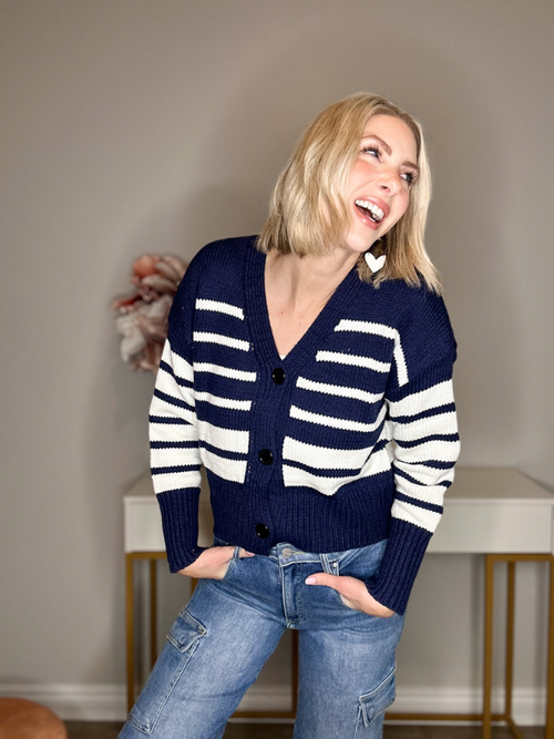 THE LOTTIE KNITTED CARDI - NAVY/WHITE