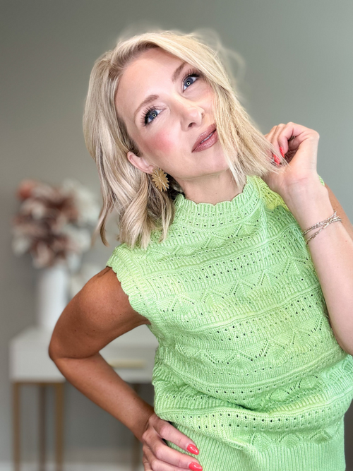 BURST OF SUMMER POINTELLE SWEATER TOP - PASTEL LIME