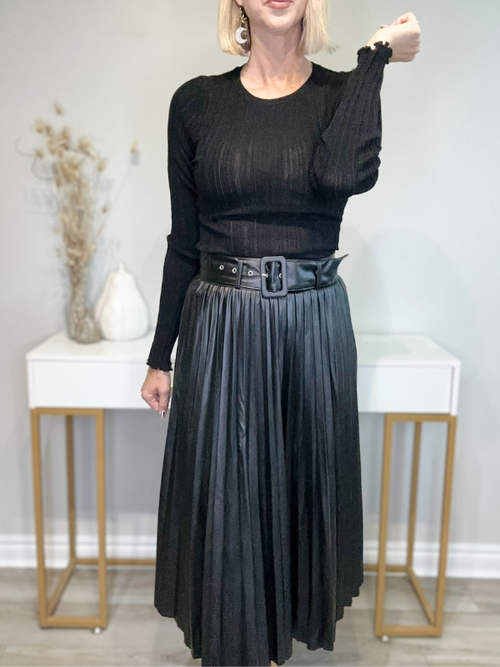 THE SLOANE FAUX LEATHER PLEATED MIDI SKIRT - BLACK