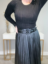 THE SLOANE FAUX LEATHER PLEATED MIDI SKIRT - BLACK