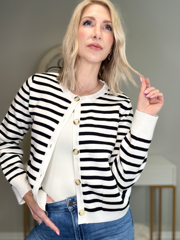 EVELYN STRIPED BUTTON DOWN CARDIGAN - NAVY/CREAM