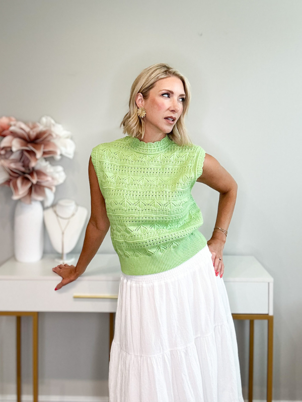 BURST OF SUMMER POINTELLE SWEATER TOP - PASTEL LIME