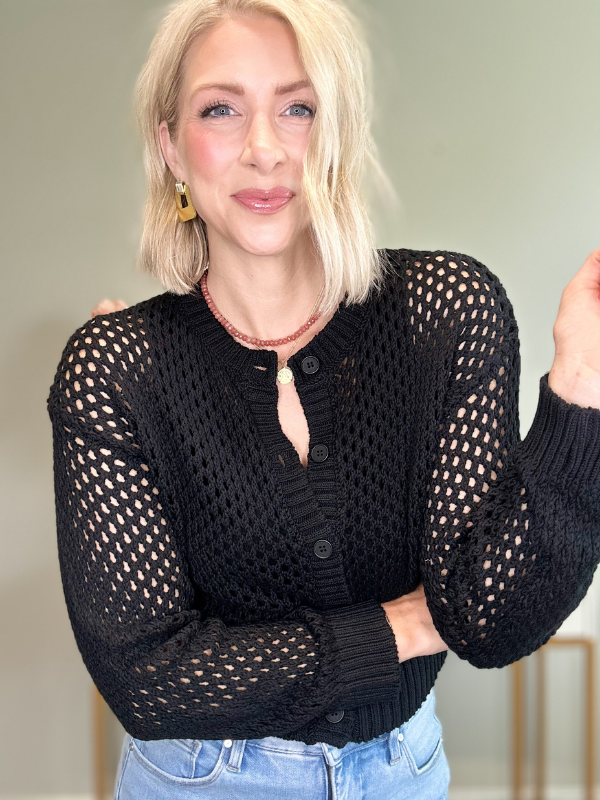 CHLOE CROCHET BUTTON DOWN CARDIGAN  - BLACK