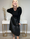 THE SLOANE FAUX LEATHER PLEATED MIDI SKIRT - BLACK