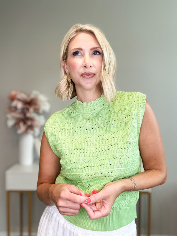 BURST OF SUMMER POINTELLE SWEATER TOP - PASTEL LIME