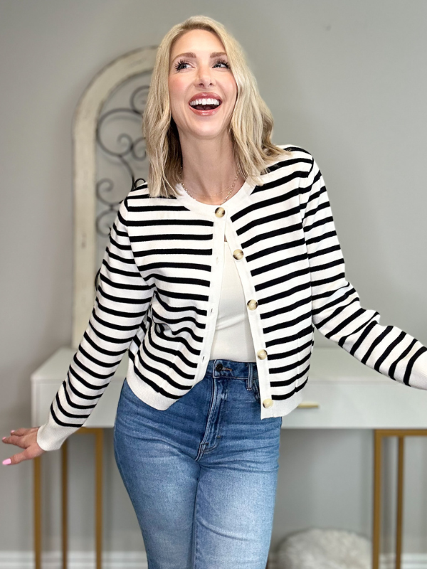 EVELYN STRIPED BUTTON DOWN CARDIGAN - NAVY/CREAM