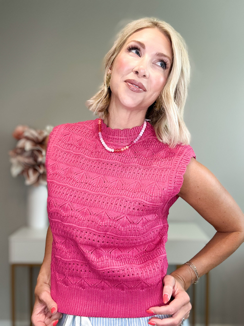 BURST OF SUMMER POINTELLE SWEATER TOP - RASPBERRY CREAM