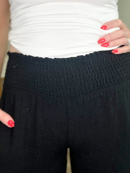 COASTAL COOL SMOCKED WIDE LEG PANTS - BLACK