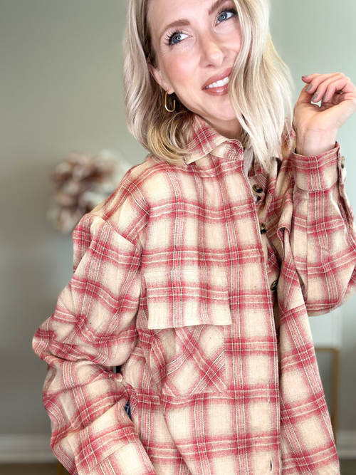 THE MILLIE PLAID LONG SLEEVE SHIRT/JACKET - RED/TAN