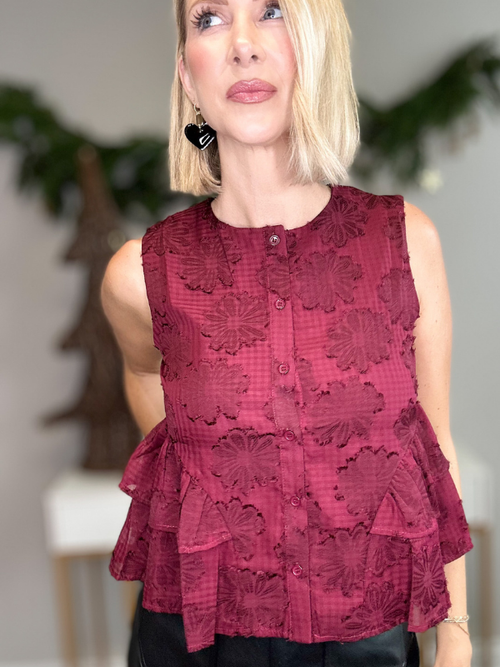 THE JULIETTE TIERED BUTTON DOWN BLOUSE - DEEP CHERRY