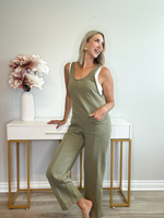 SADIE FRENCH TERRY SLEEVELESS JUMPSUIT - OLIVE