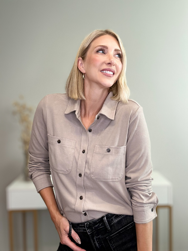 DREAMY SOFT BUTTON-UP TOP - TAUPE