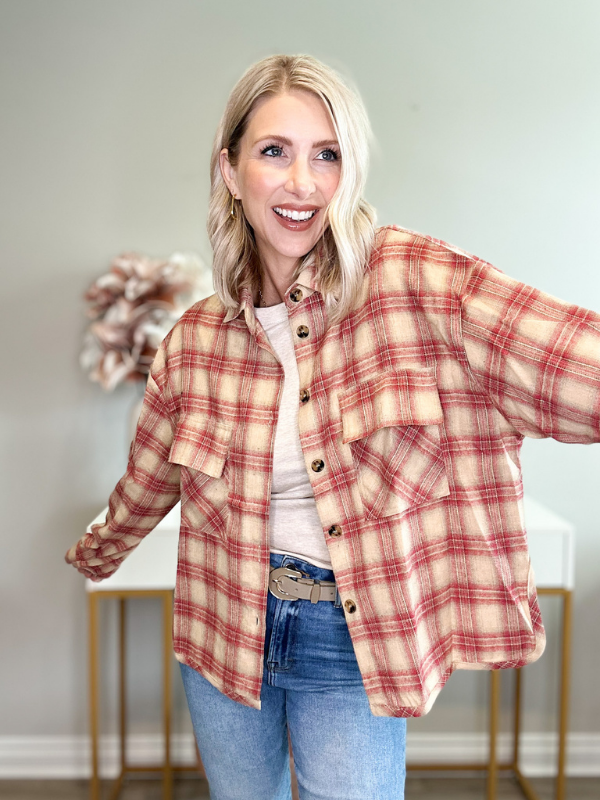 THE MILLIE PLAID LONG SLEEVE SHIRT/JACKET - RED/TAN