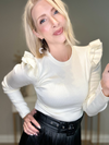 THE CHARLOTTE RUFFLE SHOULDER KNIT TOP - CREAM