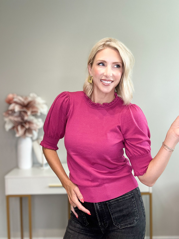 TWILIGHT BLOOM PUFF SLEEVE TOP - DARK MAGENTA