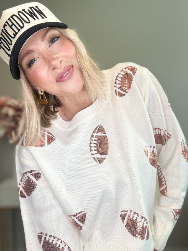 SEQUIN TOUCHDOWN KNIT SWEATER - CREAM