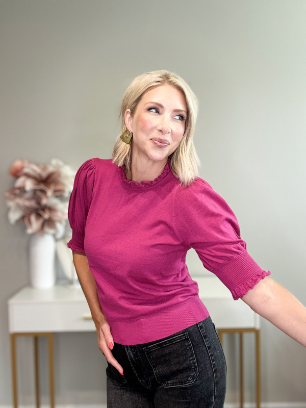 TWILIGHT BLOOM PUFF SLEEVE TOP - DARK MAGENTA