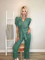 DAISY PUFF SLEEVE CORDUROY JUMPSUIT - FOREST