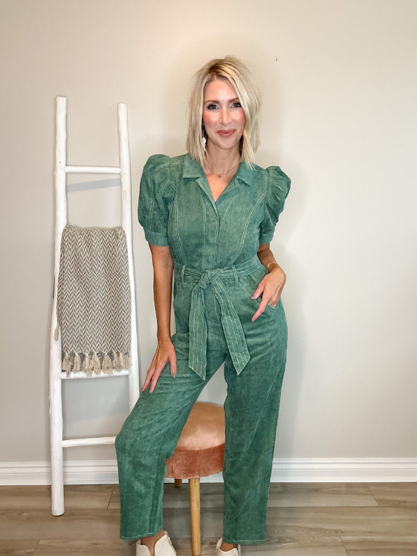 DAISY PUFF SLEEVE CORDUROY JUMPSUIT - FOREST