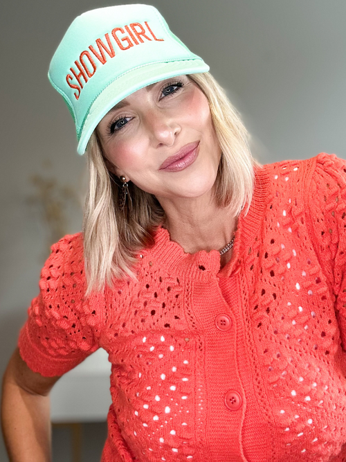 SHOWGIRL EMBROIDERED HAT - TEAL/ORANGE