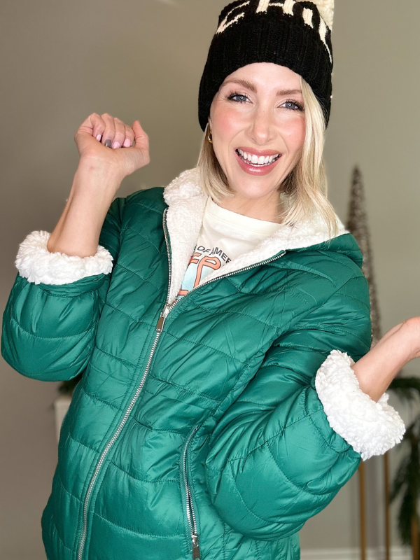 Hunter green puffer coat on sale