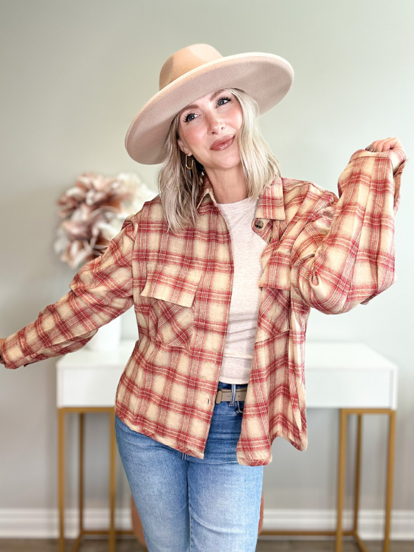 THE MILLIE PLAID LONG SLEEVE SHIRT/JACKET - RED/TAN